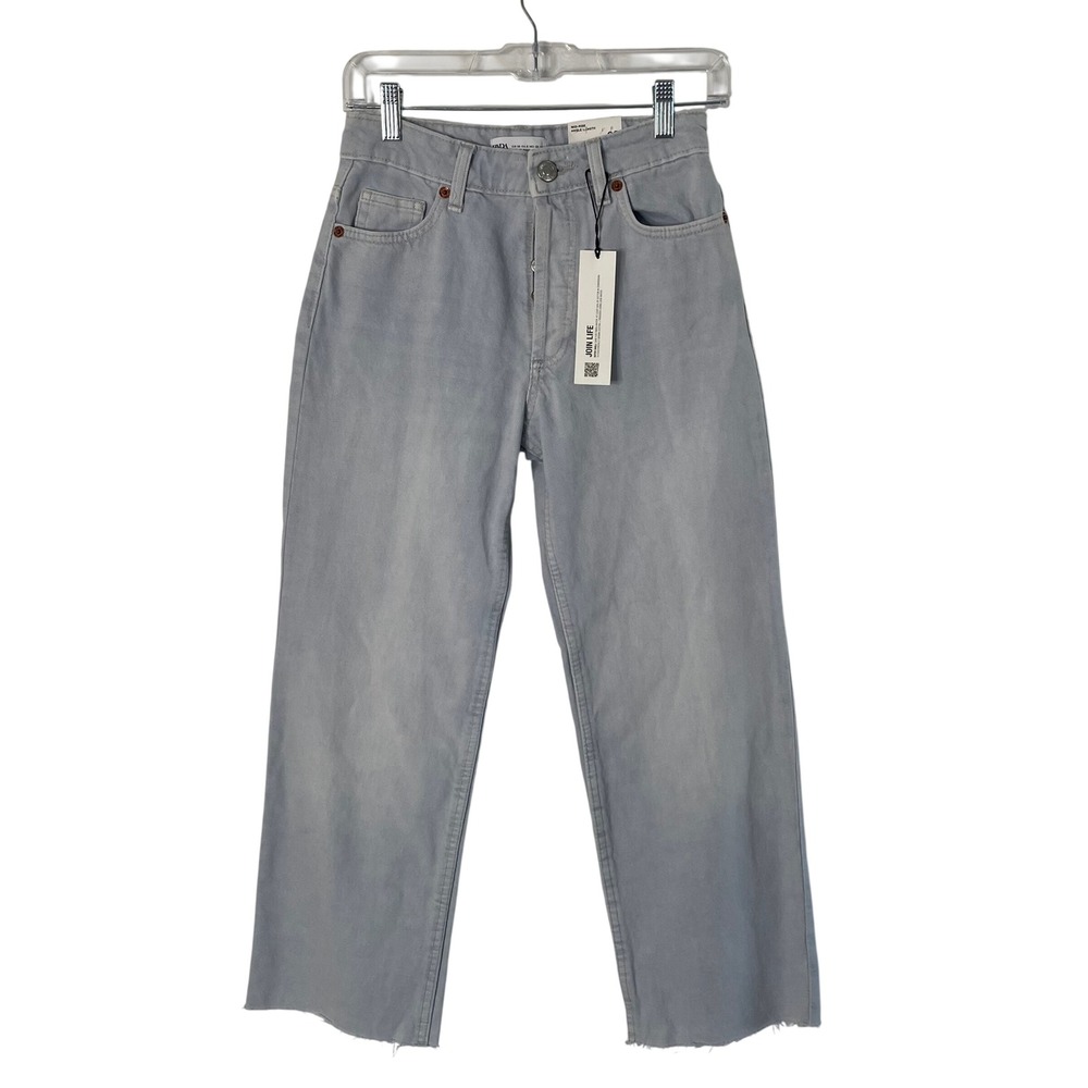ZARA Grunge‎ Pant Jean Sz 00 Button Fly Light High Rise Straight Raw Hem Denim